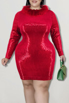 Moda roja Sexy Lentejuelas sólidas Patchwork Plumas O Cuello Falda de un paso Vestidos de talla grande