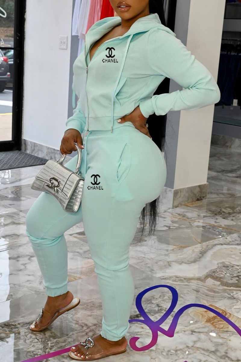 

Water Blue Fashion Casual Print Letter Hooded Collar Long Sleeve Two Pieces