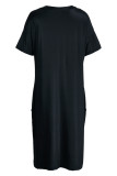 ローズレッドファッションカジュアルプリントパッチワークVネック半袖ドレス
