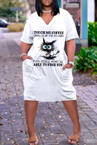 White Black Fashion Casual Print Patchwork V Neck Short Sleeve Dress