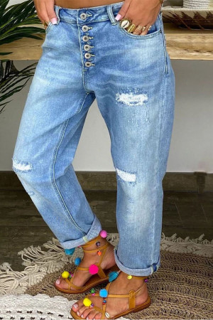 Baby Blue Fashion Casual Solid Ripped Patchwork Buckle High Waist Regular Denim Jeans