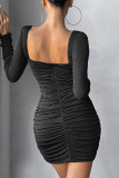 黒のセクシーなソリッド パッチワーク ドロー ストリング フォールド スクエア カラー ペンシル スカート ドレス