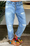 Jeans jeans casual fashion casual rasgado com fivela de retalhos cintura alta regular