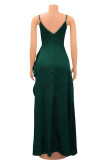 Grünes Mode-reizvolles festes rückenfreies Schlitz-V-Ausschnitt-Riemen-Kleid