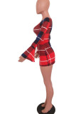 Red Sexy Plaid Print Hollowed Out Patchwork Slit O Neck Pencil Skirt Dresses