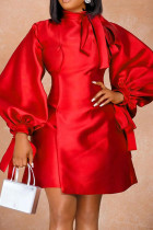 rojo moda casual sólido patchwork con lazo medio cuello alto una línea vestidos