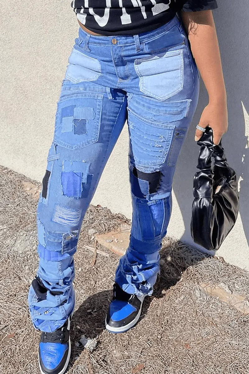 

Blue Street Print Patchwork Fold High Waist Denim Jeans
