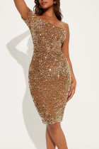 Apricot Sexy Solid Sequins Patchwork Asymmetrical Off the Shoulder Pencil Skirt Dresses