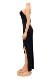 Черные модные сексуальные однотонные платья в стиле пэчворк с разрезом и косым воротником с длинным рукавом