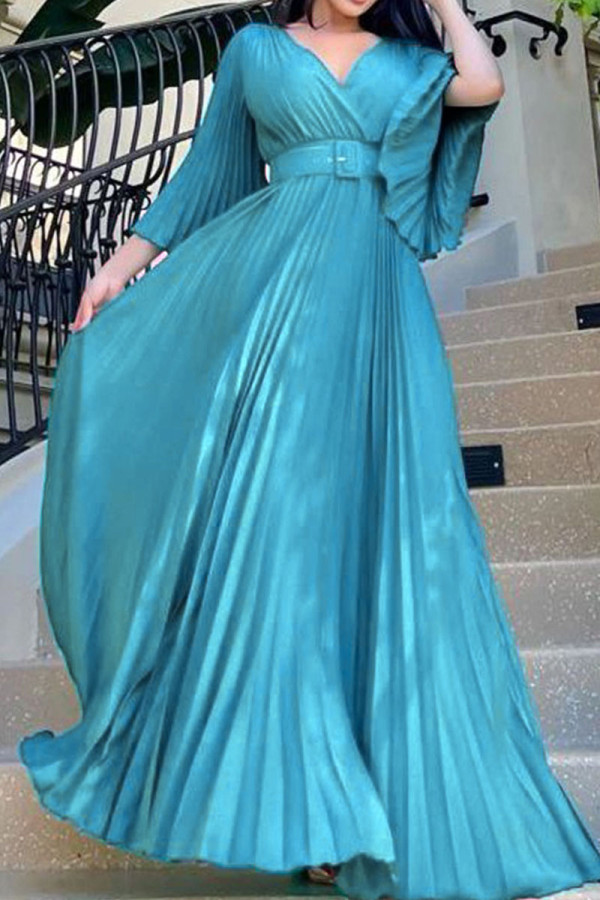 Небесно-голубые повседневные однотонные лоскутные складки с поясом V-образным вырезом Вечернее платье Платья