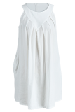 ホワイトカジュアルソリッドパッチワークOネックストレートドレス