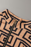 Khaki Sexy Print Bandage Patchwork Zipper Collar Plus Size Jumpsuits