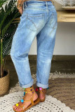 Детские синие модные повседневные однотонные рваные лоскутные пряжки с высокой талией обычные джинсовые джинсы