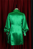 グリーン ファッション カジュアル ソリッド パッチワーク ボウ付き ハーフ タートルネック Aライン ドレス