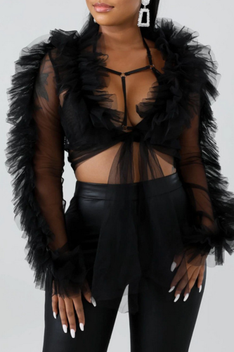 Black Sexy Solid Mesh V Neck Tops
