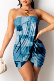 Weiß Blau Fashion Sexy Print Patchwork rückenfreies trägerloses ärmelloses Kleid