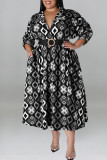Grijze casual print patchwork met riem turndown kraag overhemdjurk plus size jurken