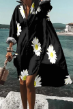Robes de robe de chemise de col rabattu de patchwork d'impression de mode noir et blanc