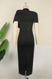 ブラック ファッション セクシー フォーマル パッチワーク シースルー マンダリン カラー イブニング ドレス