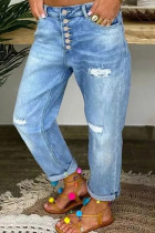 Hellblaue, modische, lässige, solide, zerrissene Patchwork-Knöpfe, hohe Taille, reguläre Denim-Jeans