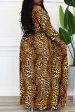 Leopardtryck Mode Casual Print Bandage Patchwork Slits av axeln Långärmade klänningar i plusstorlek