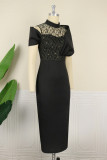 ブラック ファッション セクシー フォーマル パッチワーク シースルー マンダリン カラー イブニング ドレス