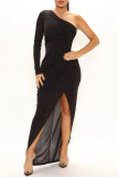 Zwarte mode sexy effen patchwork spleet schuine kraag jurken met lange mouwen