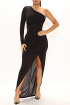 ブラック ファッション セクシー ソリッド パッチワーク スリット 斜め襟 ロング スリーブ ドレス