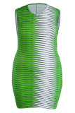 グリーンセクシープリントパッチワークOネックペンシルスカートプラスサイズのドレス
