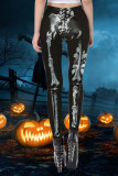 Zwarte, casual skinny broek met hoge taille en patchwork-print