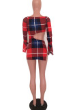 Red Sexy Plaid Print Hollowed Out Patchwork Slit O Neck Pencil Skirt Dresses