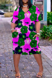 Mehrfarbiges, modisches, lässiges Patchwork-Kleid mit V-Ausschnitt und kurzen Ärmeln