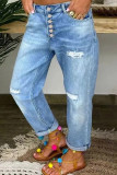 Jeans de mezclilla regular de cintura alta con hebilla de patchwork rasgado sólido casual de moda azul bebé