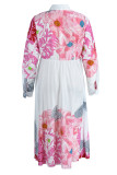 Rosa elegante estampado vendaje patchwork hebilla doblar sin cinturón cuello redondo manga larga vestidos