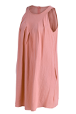 Roze casual effen patchwork rechte jurken met ronde hals