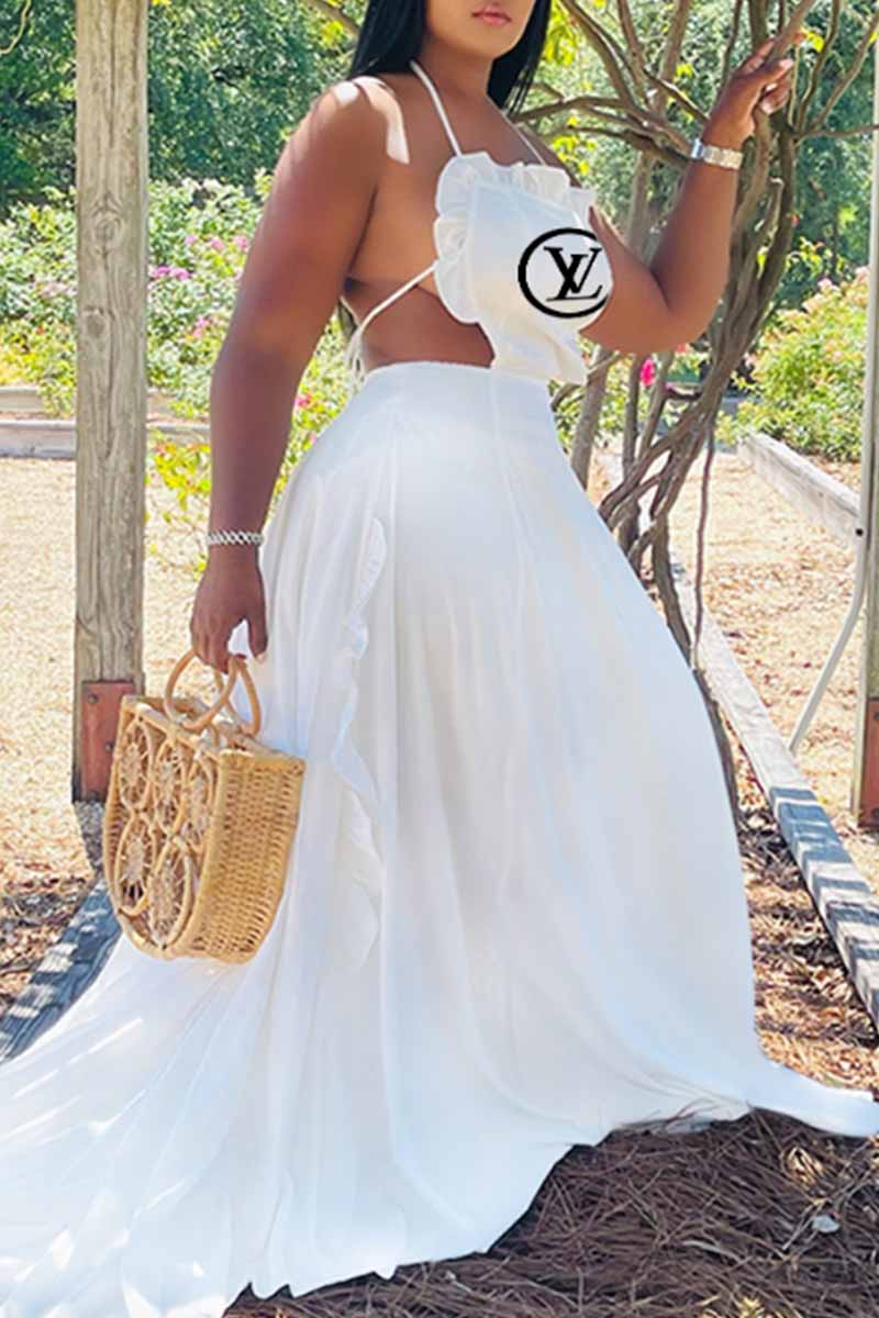 

White Fashion Sexy Print Backless Letter Spaghetti Strap A Line Dresses