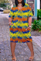 Blaues, gelbes, modisches, lässiges, Patchwork-Kleid mit V-Ausschnitt und kurzen Ärmeln