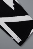 ブラックカジュアルプリント包帯パッチワークOネックプラスサイズツーピース