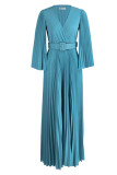 Небесно-голубые повседневные однотонные лоскутные складки с поясом V-образным вырезом Вечернее платье Платья