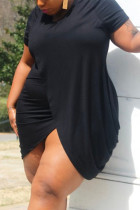 ブラックファッションカジュアルプラスサイズソリッドパッチワークOネック半袖ドレス