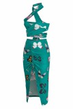 Green Fashion Street Print Patchwork Halter Mouwloos Two Pieces