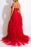 Red Sexy Plus Size Solid Patchwork See-through Backless Strapless Evening Dress