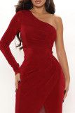 Rode mode sexy effen patchwork spleet schuine kraag jurken met lange mouwen