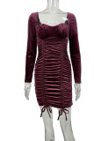 バーガンディ セクシー ソリッド パッチワーク ドロー ストリング フォールド スクエア カラー ペンシル スカート ドレス