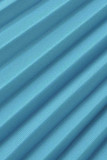 Deep Blue Casual Solid Patchwork Fold With Belt V Neck Evening Dress Dresses