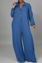 ブルー ファッション カジュアル ソリッド パッチワーク ターンダウン カラー レギュラー ジャンプスーツ