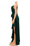 Grönt mode Sexig Solid Backless Slit V Neck Sling Dress