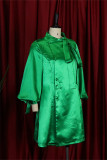 グリーン ファッション カジュアル ソリッド パッチワーク ボウ付き ハーフ タートルネック Aライン ドレス