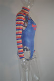 Синяя модная сексуальная полосатая водолазка с длинным рукавом из двух частей с принтом