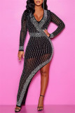 Mode noire Sexy Patchwork Hot Drilling See-through Beading V Neck Robes à manches longues